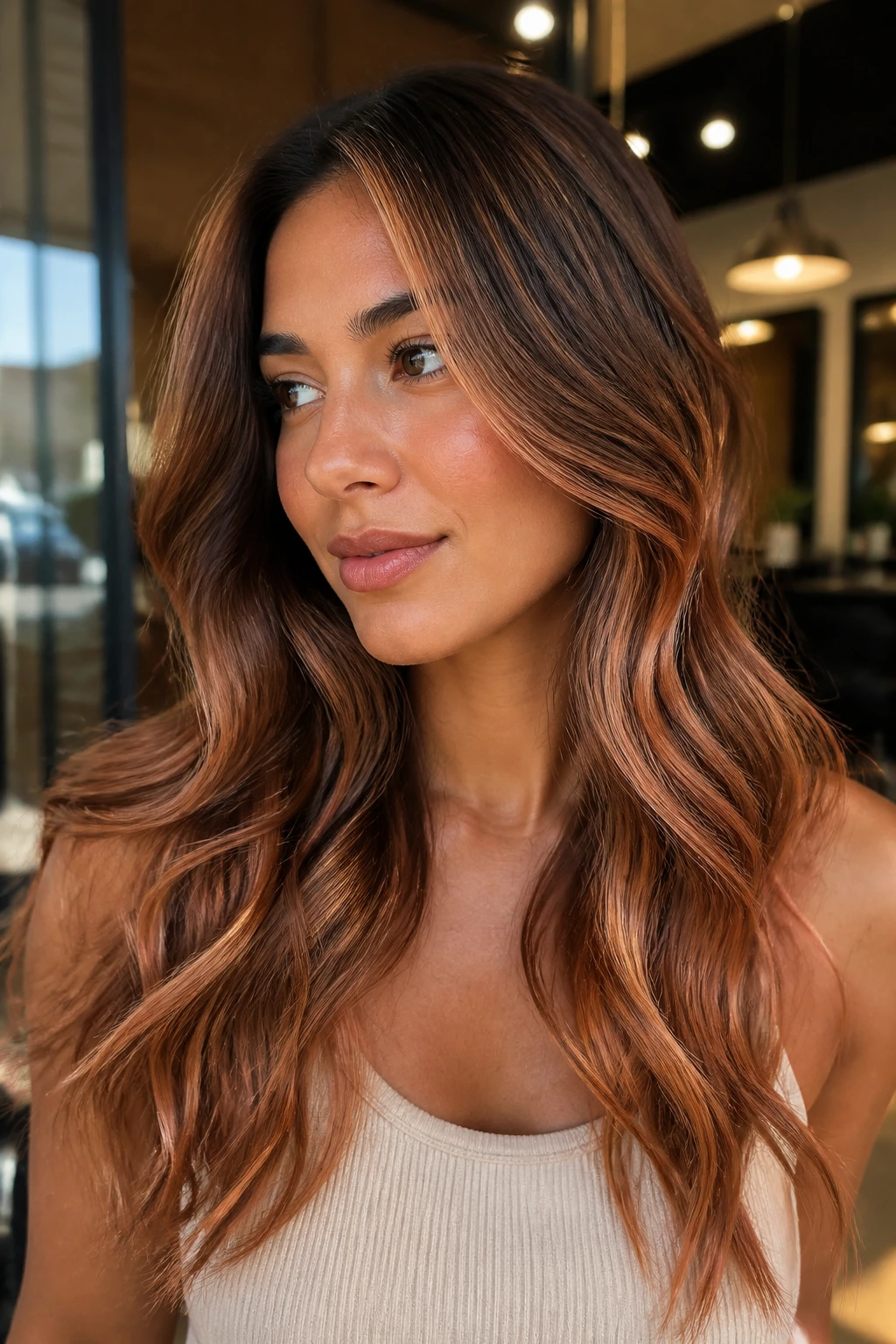 Close-up portrait of a real woman with copper-caramel ribbon lights woven in hair, warm window light