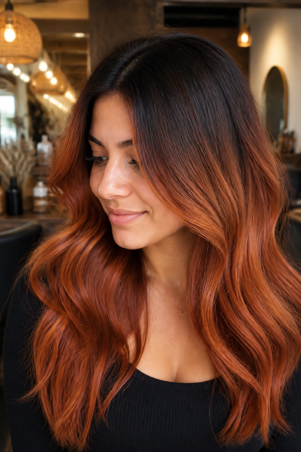 Copper-root melt hair with dark roots and copper lengths on a real woman in warm light.