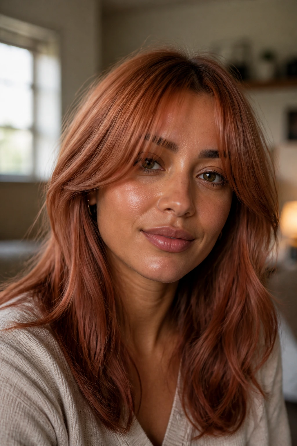 Close-up portrait of a real woman with copper rose curtain bangs in warm window light
