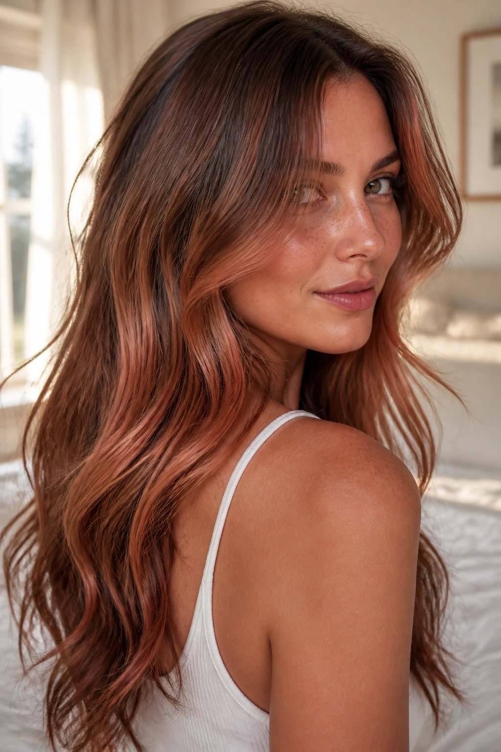 Close-up of brunette with copper rose reverse balayage ribbons
