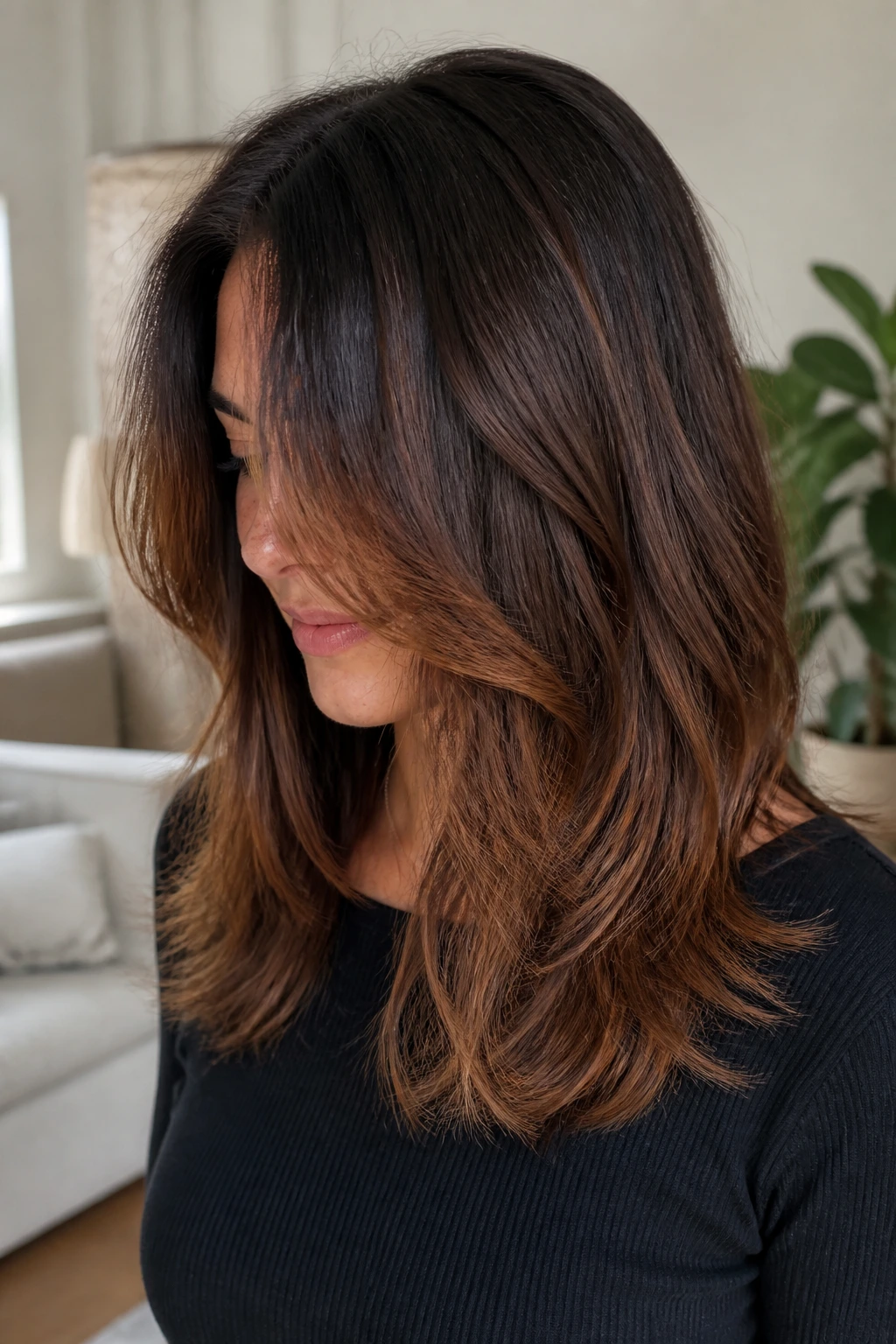 Portrait of layered brunette hair with copper sand highlights on mid-lengths
