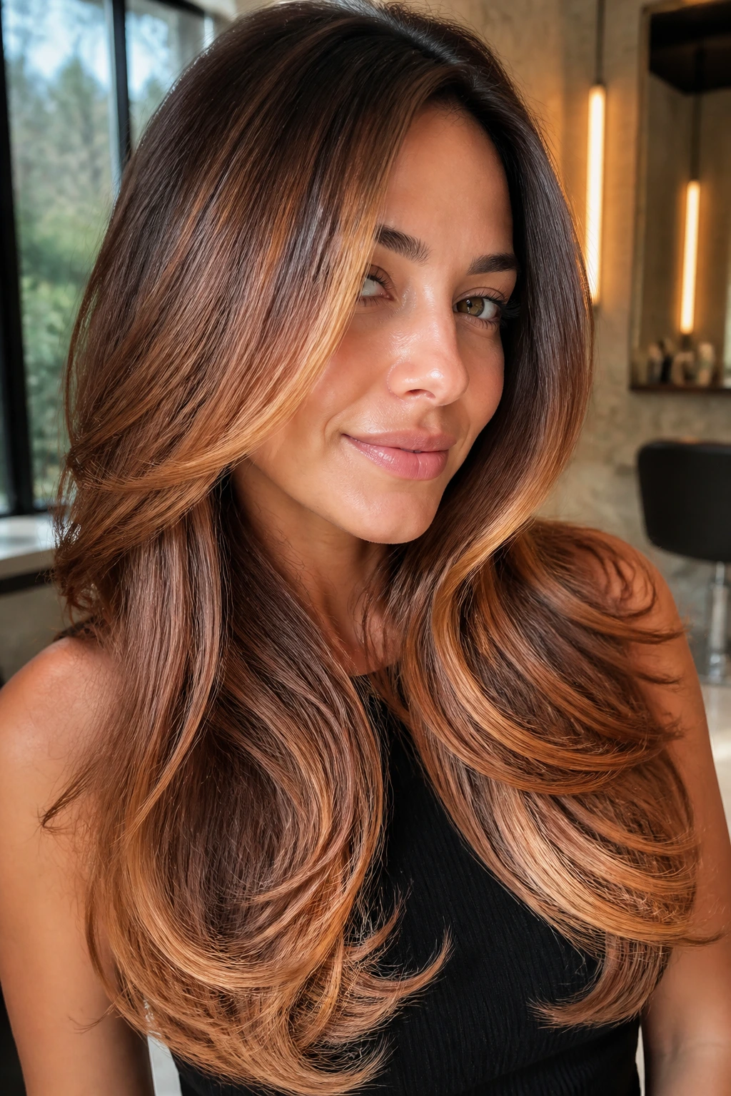 Close-up of real woman with long layered blowout and copper-strawberry shine
