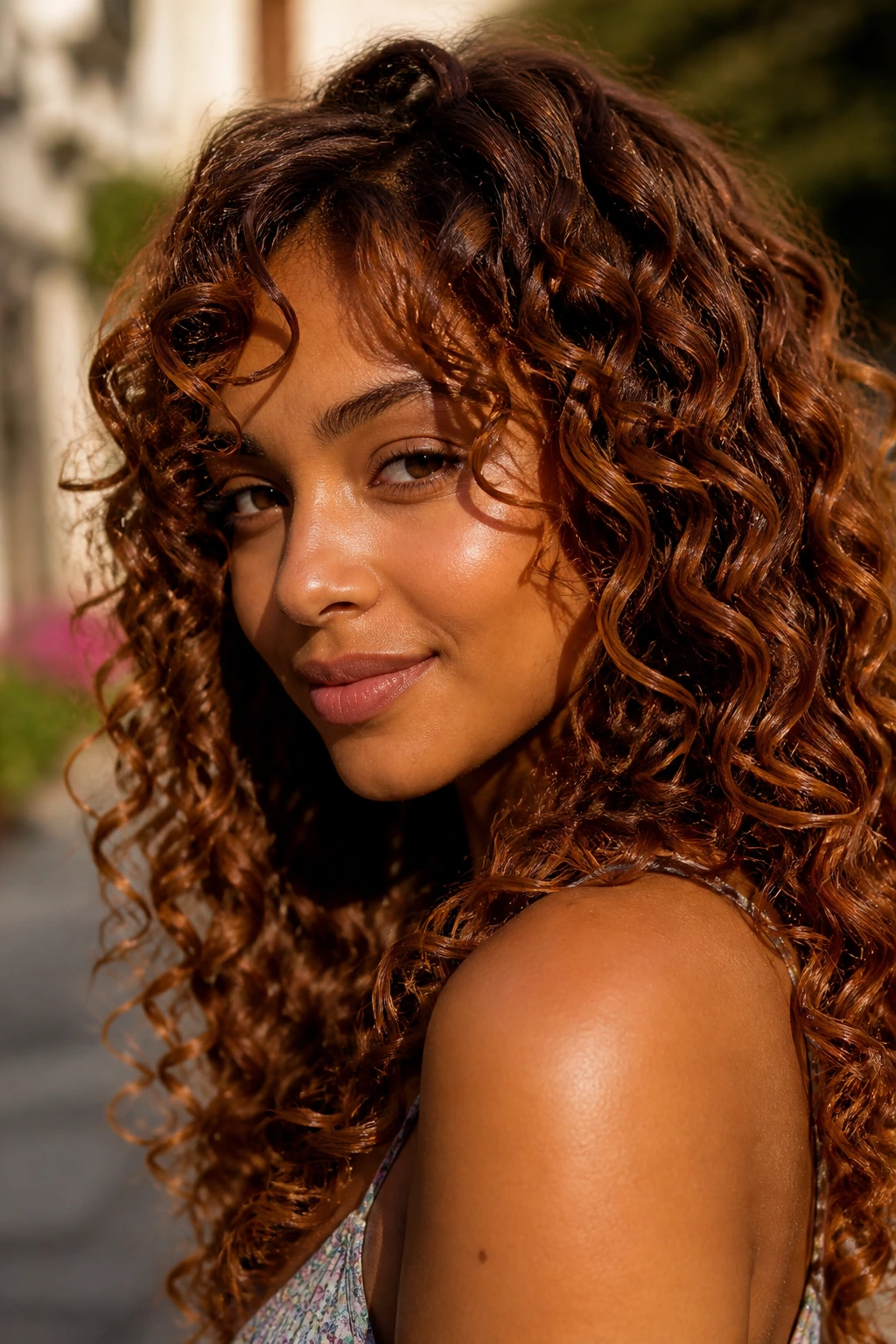 Close-up of a real person with copper syrup curls catching sunlight