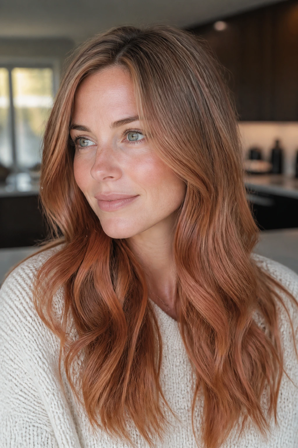 Portrait of a woman with soft copper-taupe melting hair tones