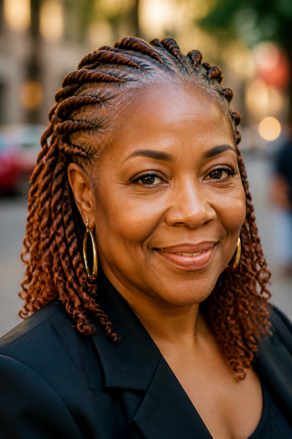Close-up of a real person with copper tinged flat twists against warm background
