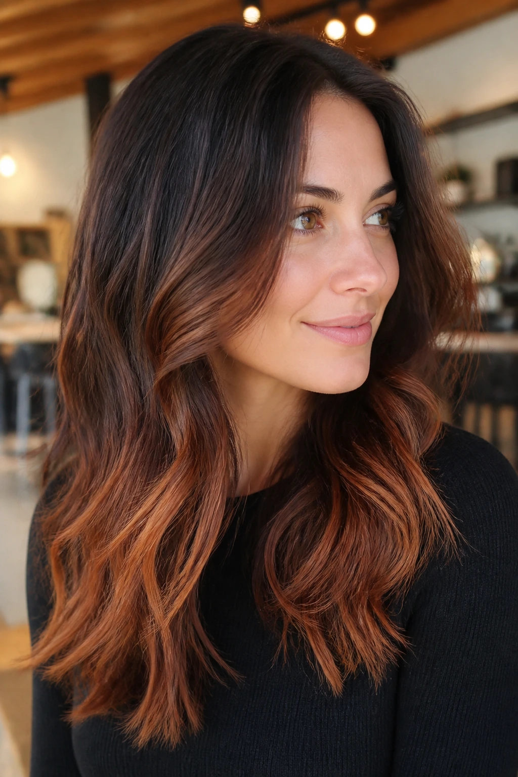 Close-up of brunette hair with copper toasted ends on a real woman in a warm salon.