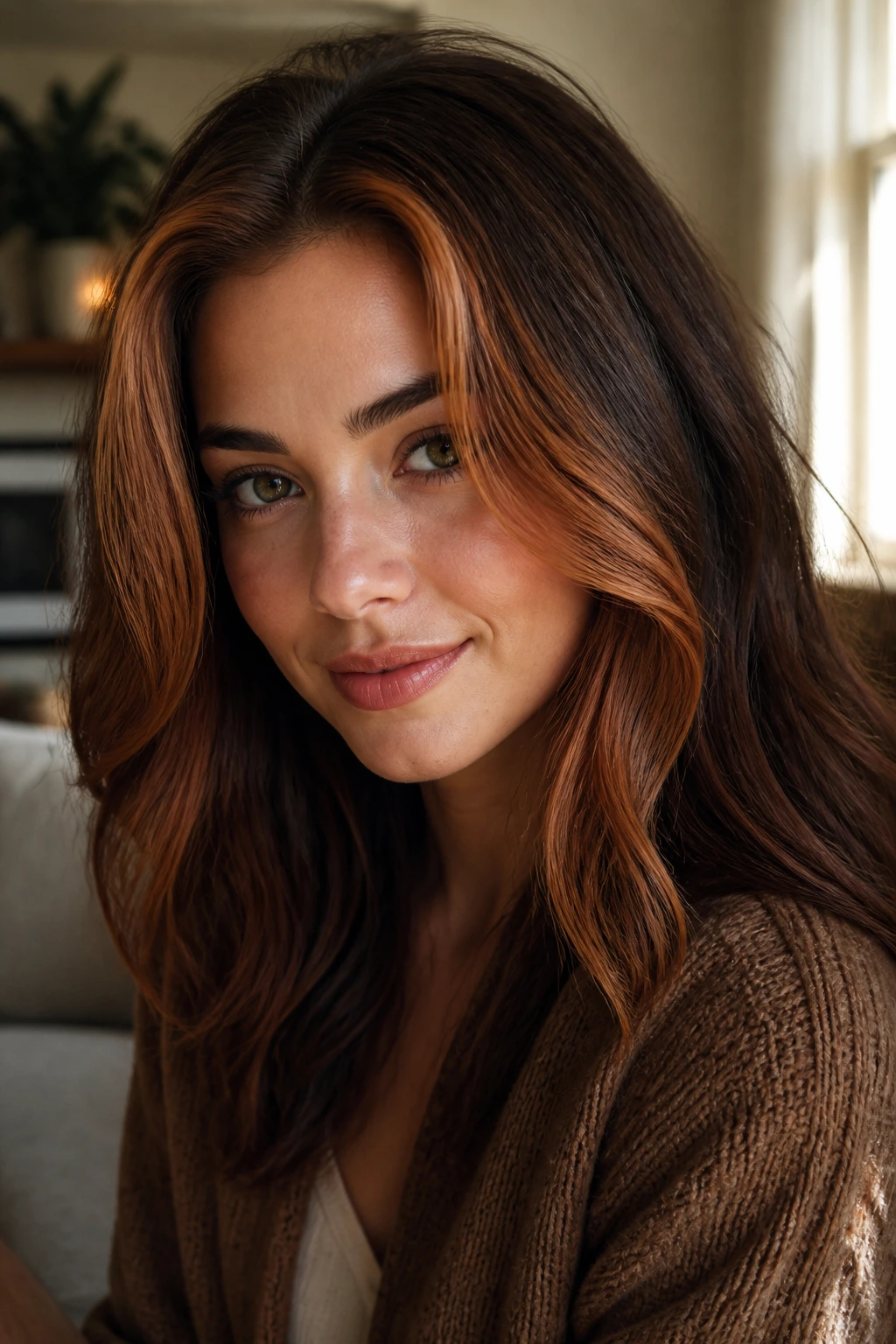Real person showing copper-umber face frame around front hair for light framing