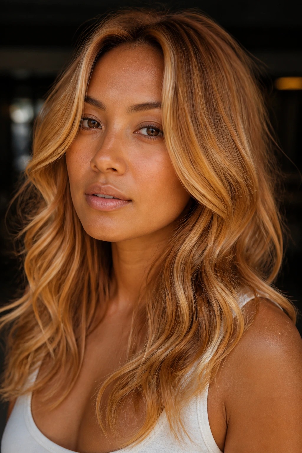 Portrait of a woman with beige copper and apricot tones
