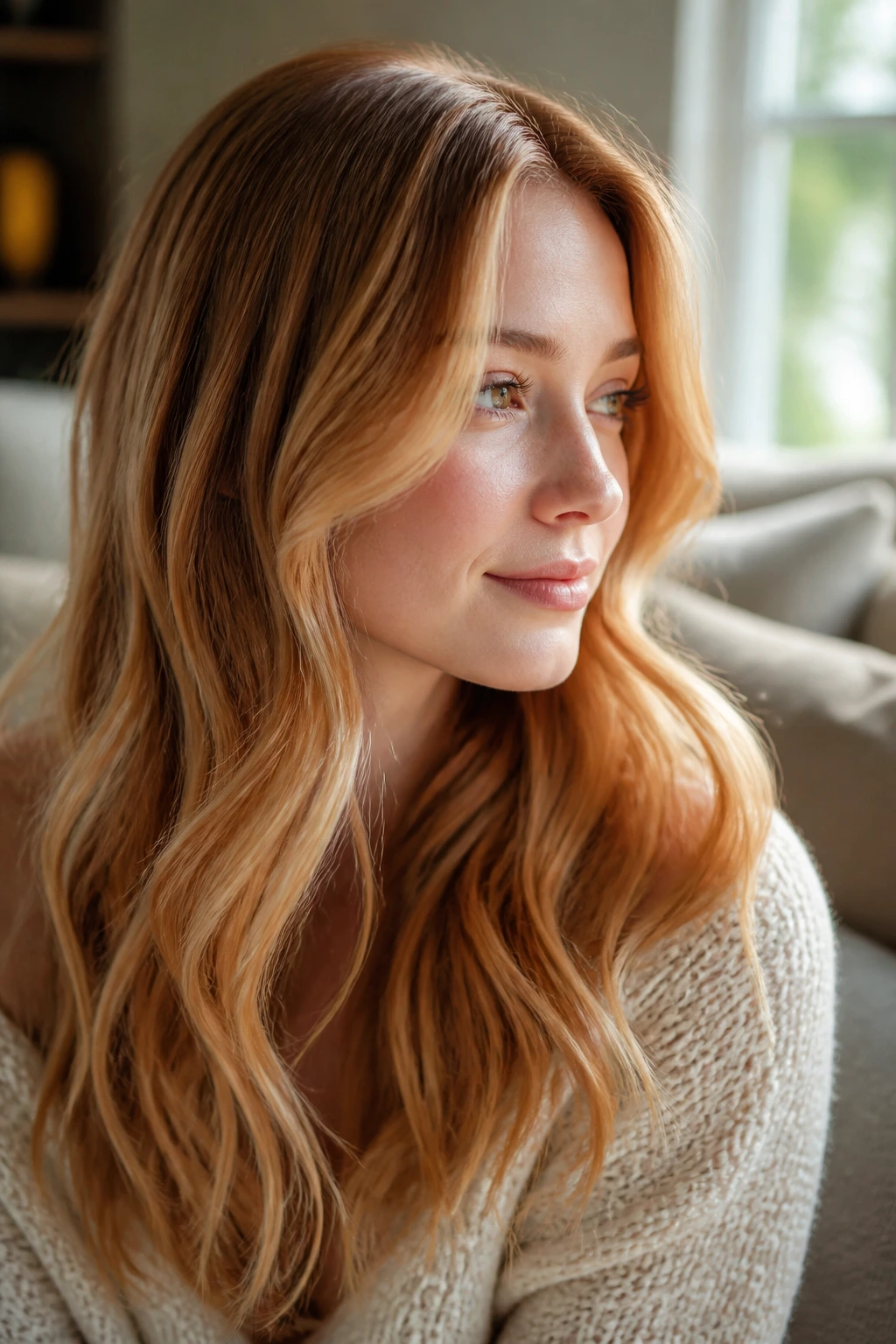 Portrait of a woman with copper-veiled honey hair and pale skin under natural daylight