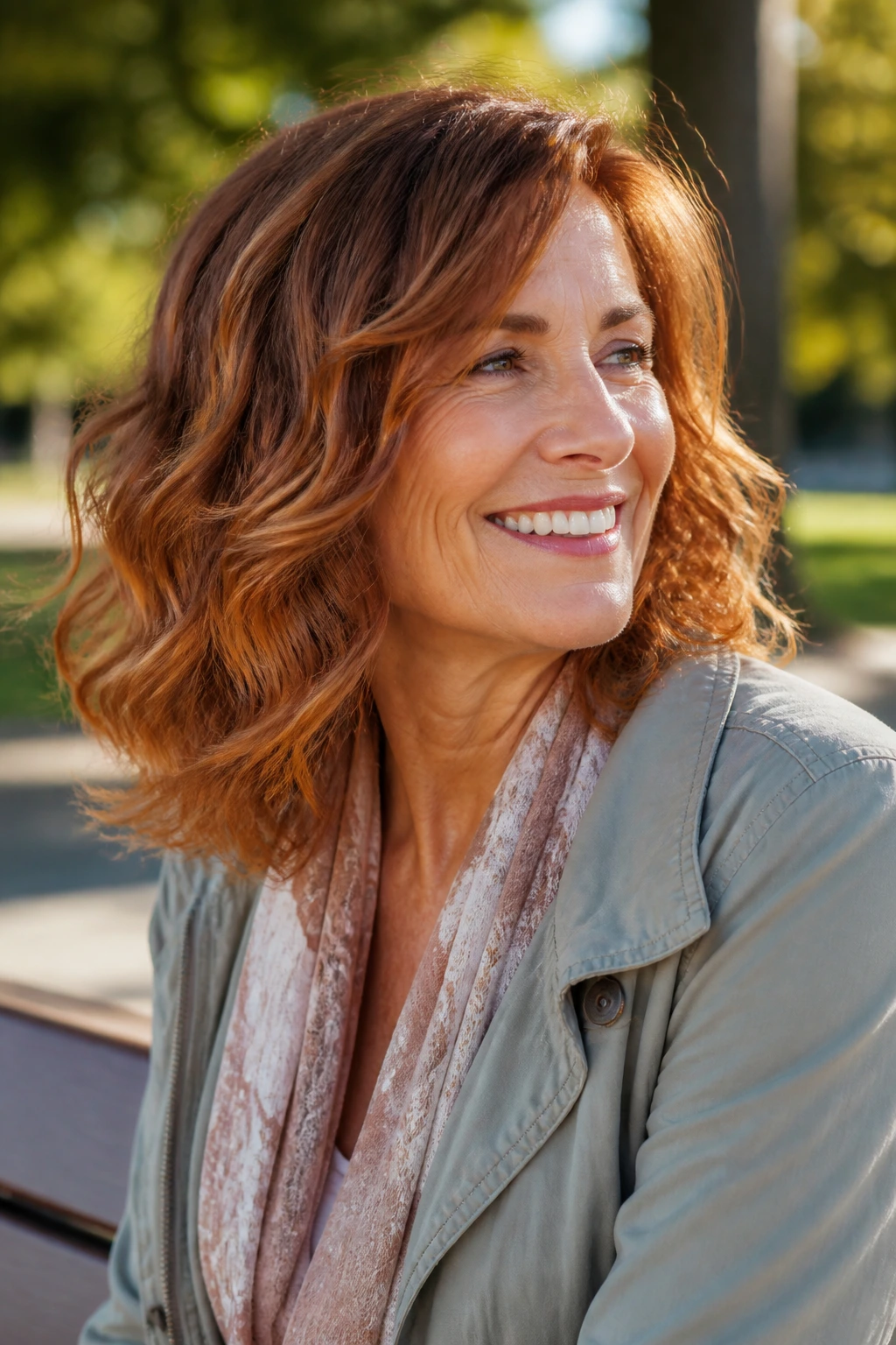 Close-up of a woman with mid-length wavy hair and copper wash in outdoor light.