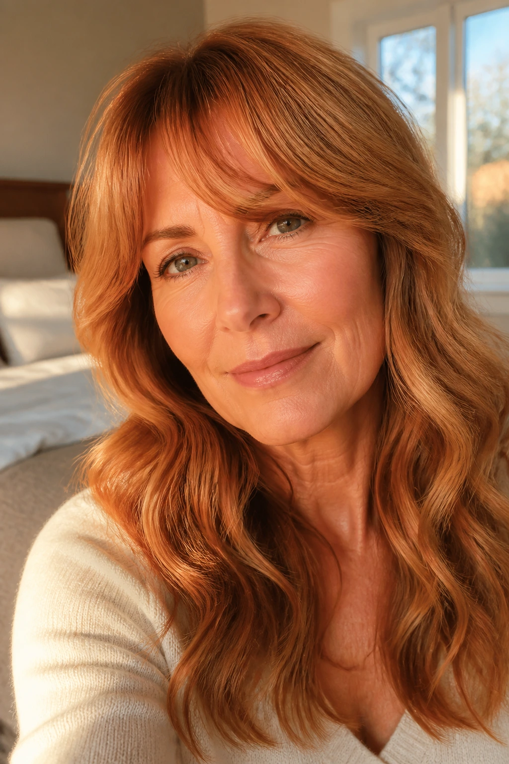Close-up of a real woman with copper-kissed waves framing her face in warm morning light