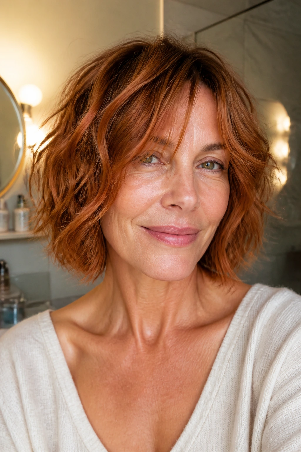 Portrait of a real woman with copper wavy bob and air-dried texture
