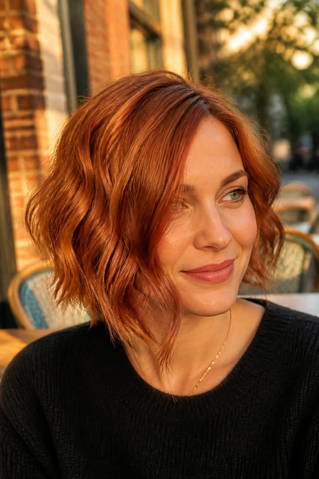 Close-up of a real woman with copper wavy bob and long front piece