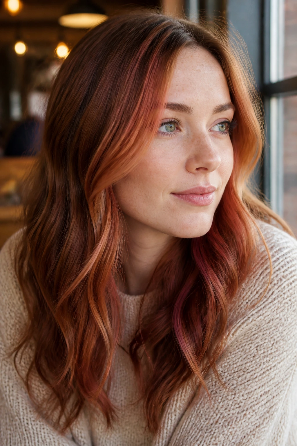 Close-up of a real woman's hair with coppery strawberry ribbon highlights by a window