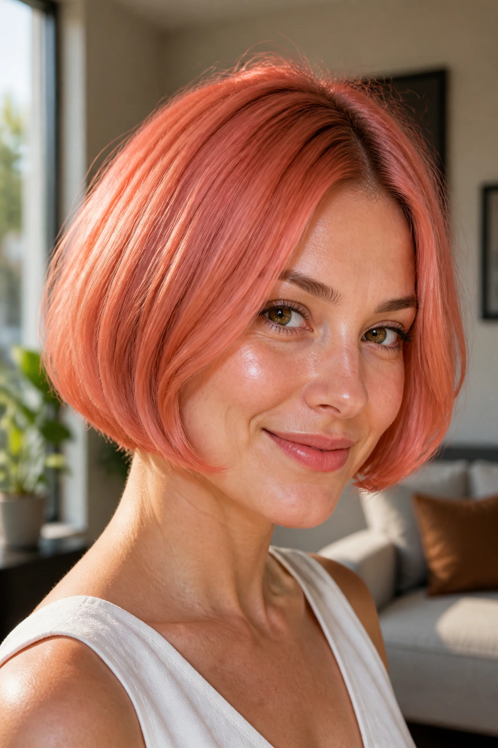 Close-up of real woman with coral box-bob and tucked ends in warm daylight