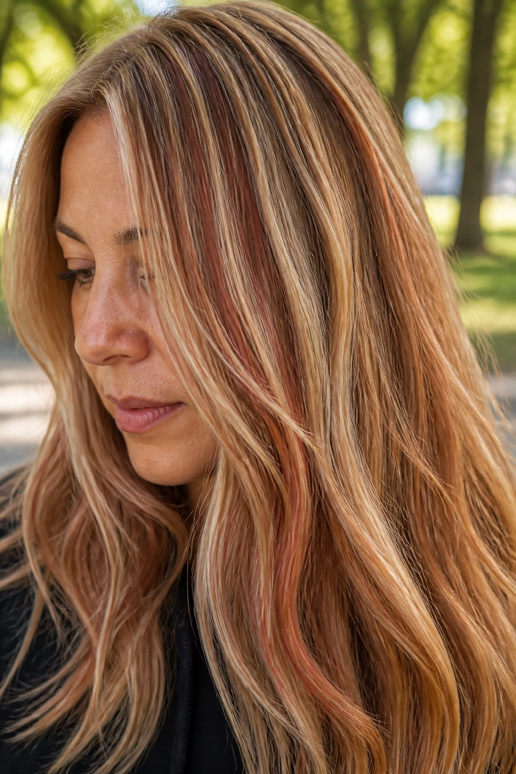 Close-up portrait of a real woman with coral bronze threads in blonde hair