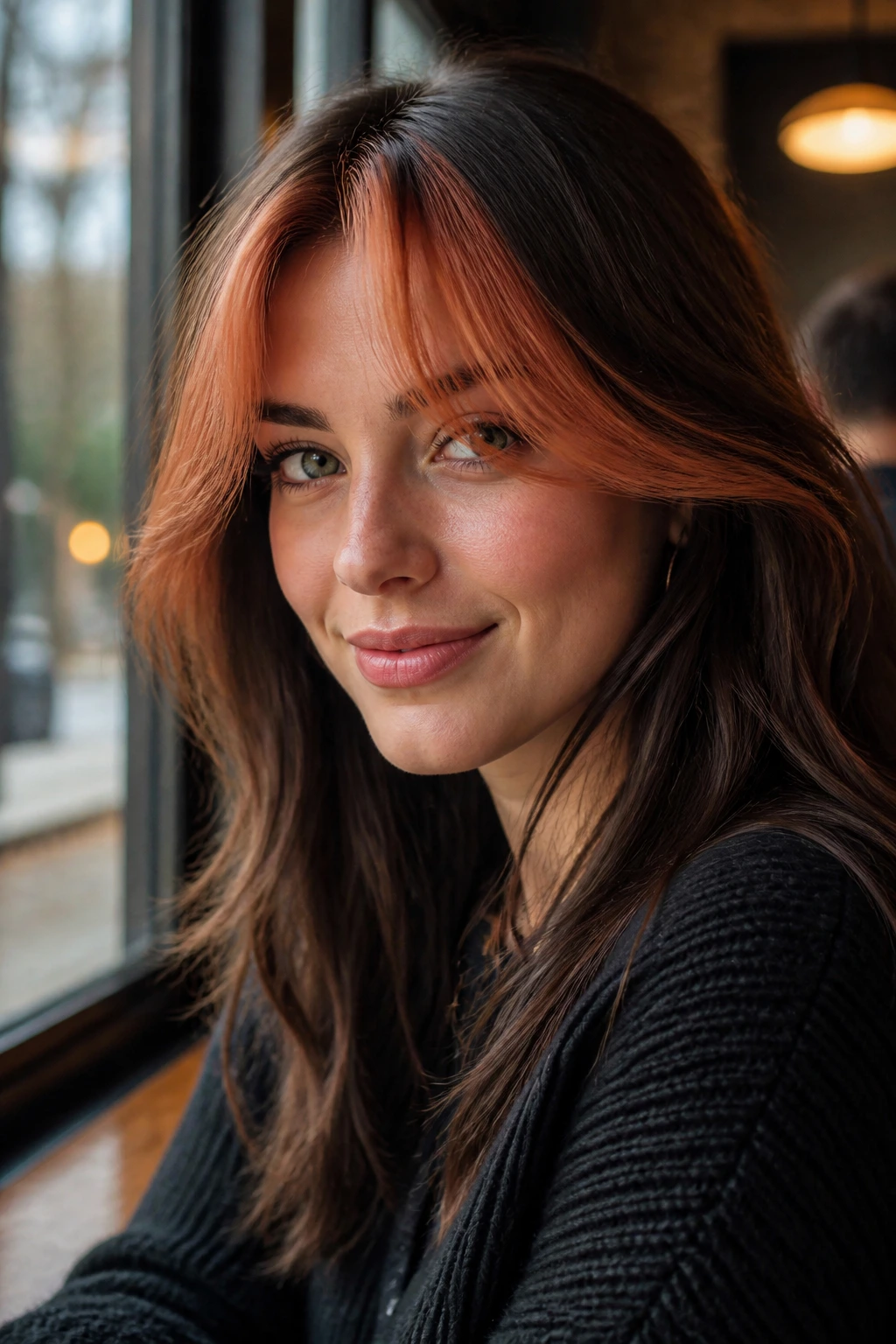 Close-up of brunette with coral copper curtain bangs