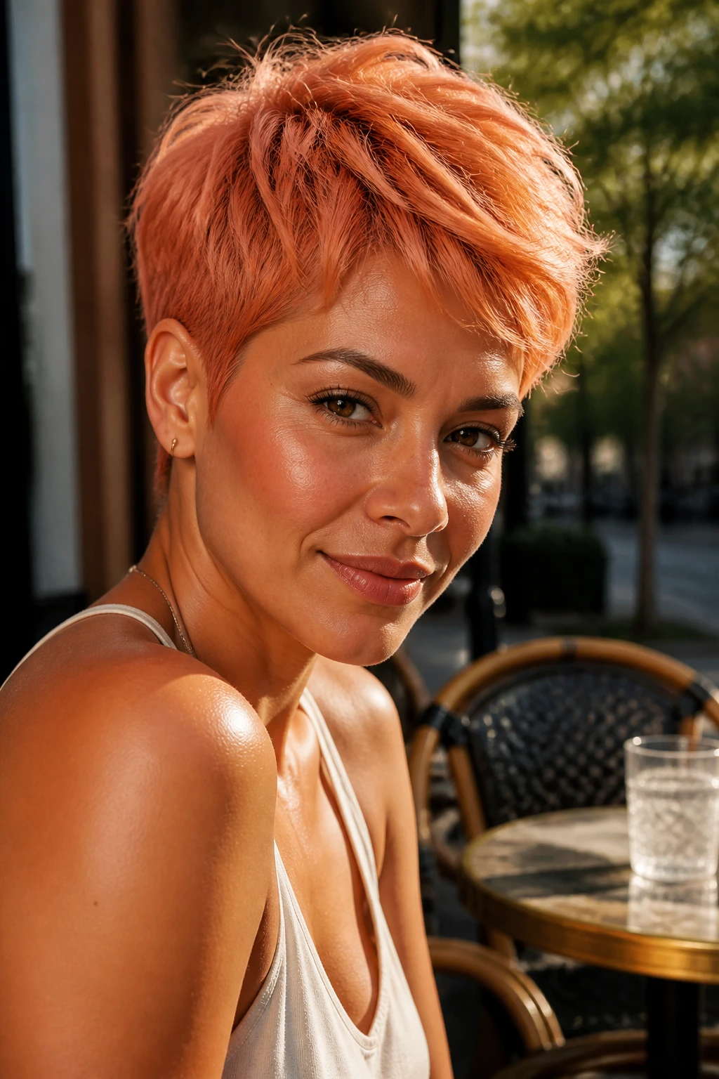 Close-up of a real person with coral copper pixie haircut in warm golden hour light