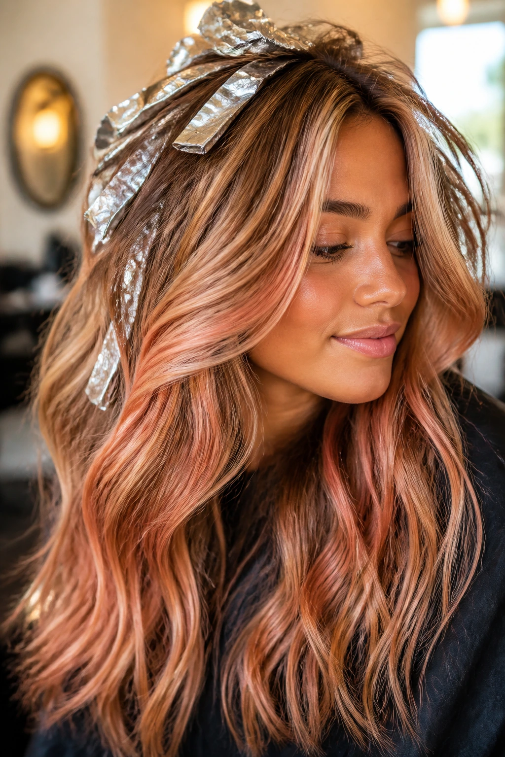 Close-up of real woman with soft coral foilayage highlights through top hair layers