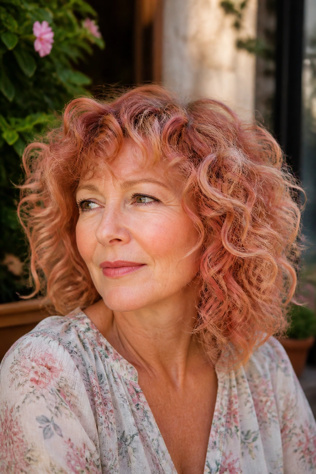 Close-up portrait of a real woman with coral-kissed curls in natural sunlight
