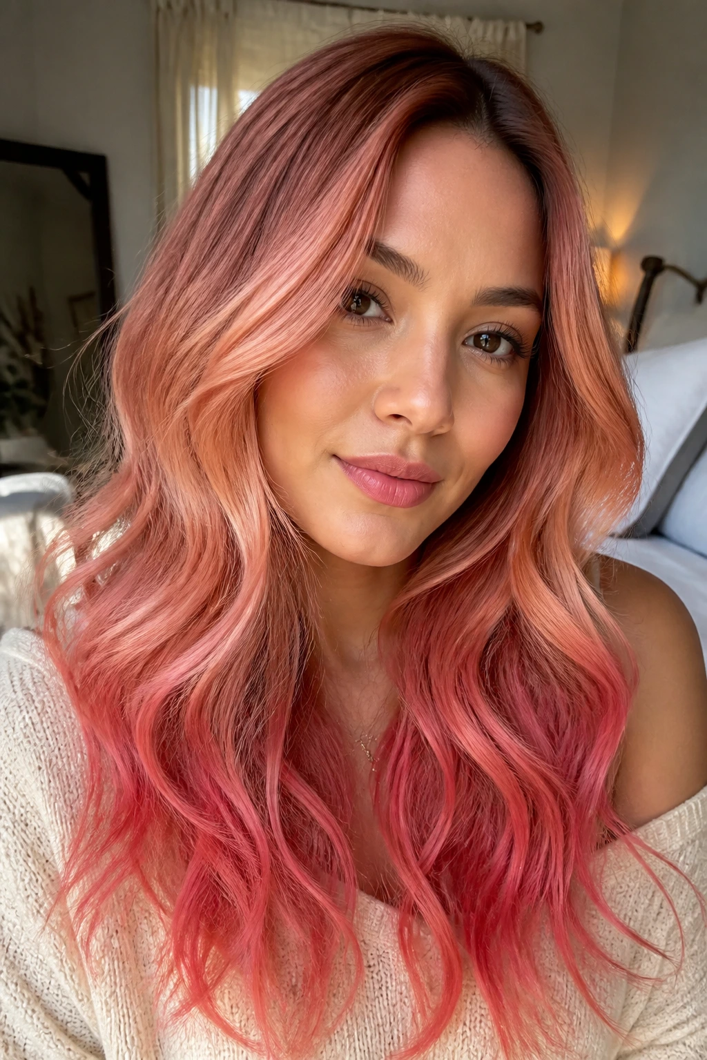 Close-up portrait of a woman with coral peach strawberry melt hair gradient in soft waves.