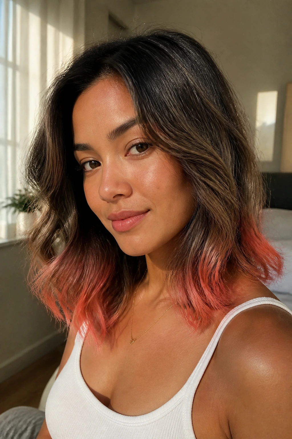 Close-up portrait of a real person with coral-pink tips on medium-length hair in sunlit bedroom