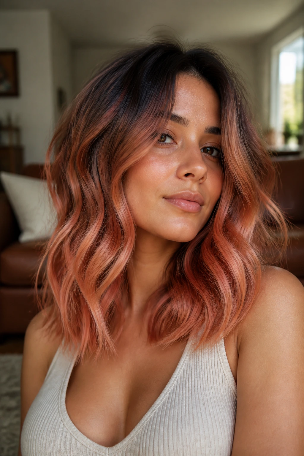 Close-up of real woman with coral rose balayage hair