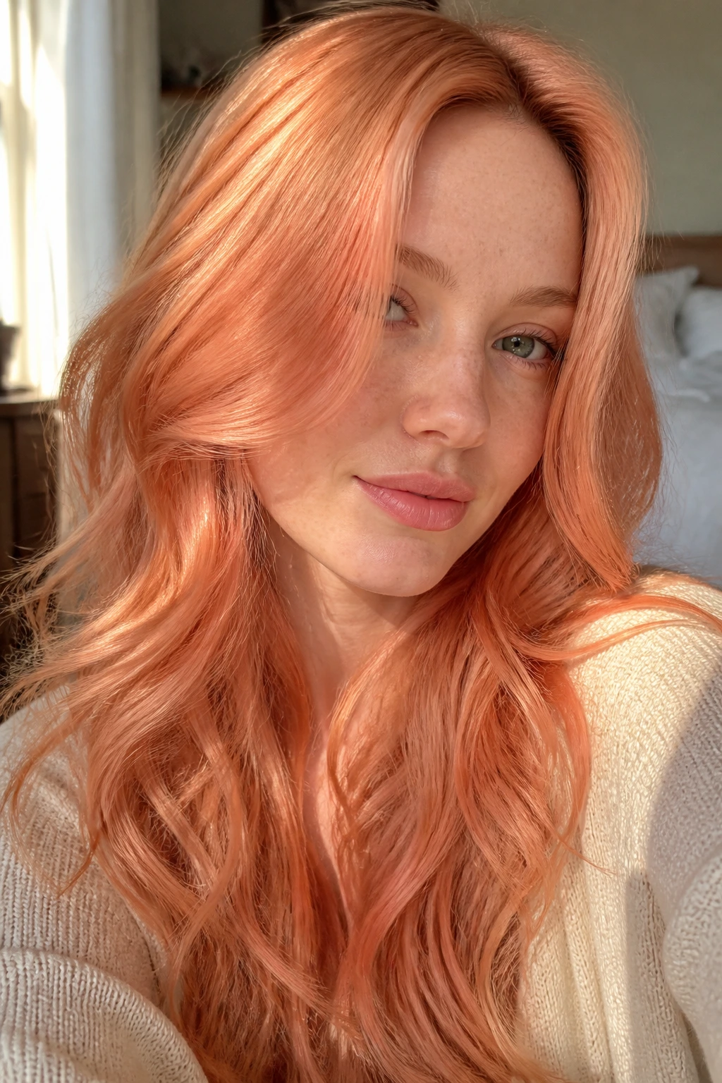Close-up portrait of a woman with coral-tinted strawberry shine hair.