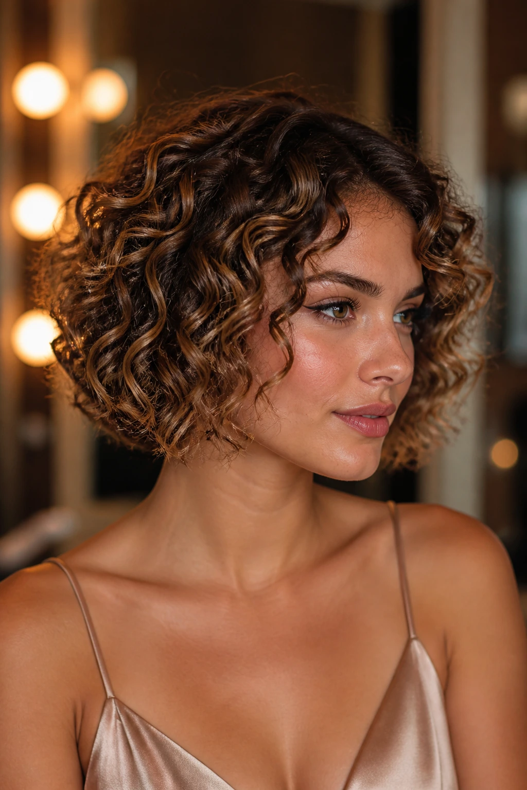 Chin-length corkscrew bob with high-shine finish and caramel babylights