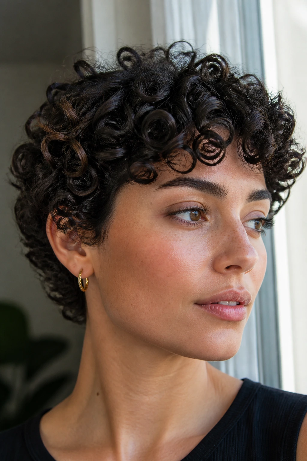 Close-up of a real person with a soft corkscrew crop and tight curls around the ears.