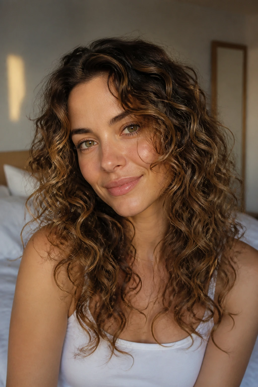 Close-up of a real woman with loose corkscrew curls framing the face in a sunlit bedroom.