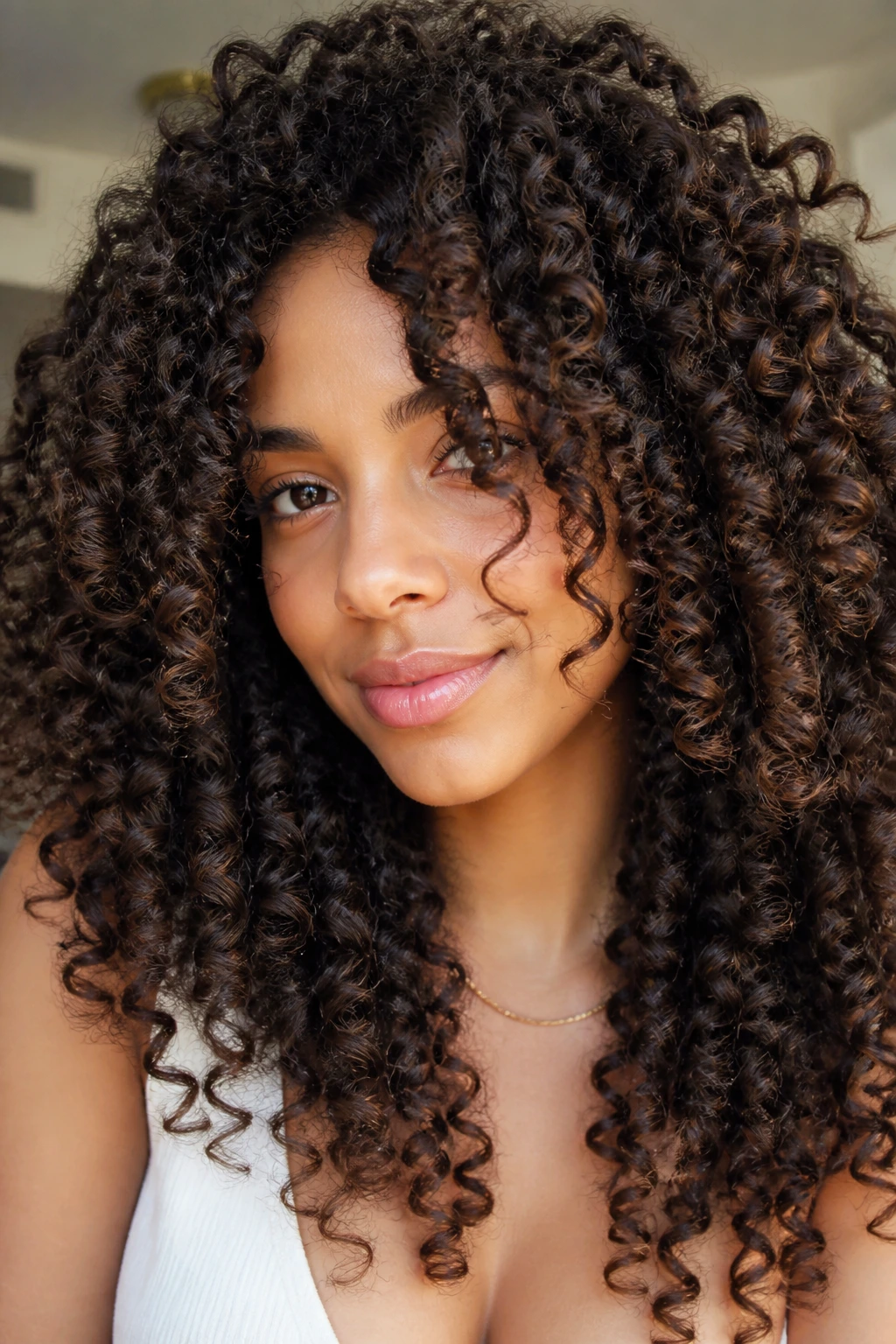 Real woman with tight corkscrew curls in soft light