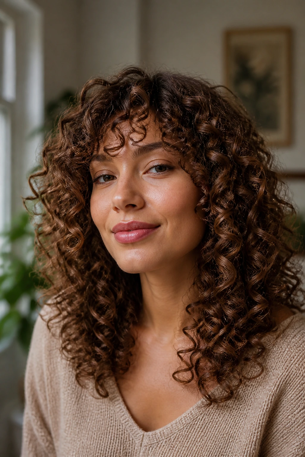 Medium close-up of corkscrew curls with mid-length layers on a real person