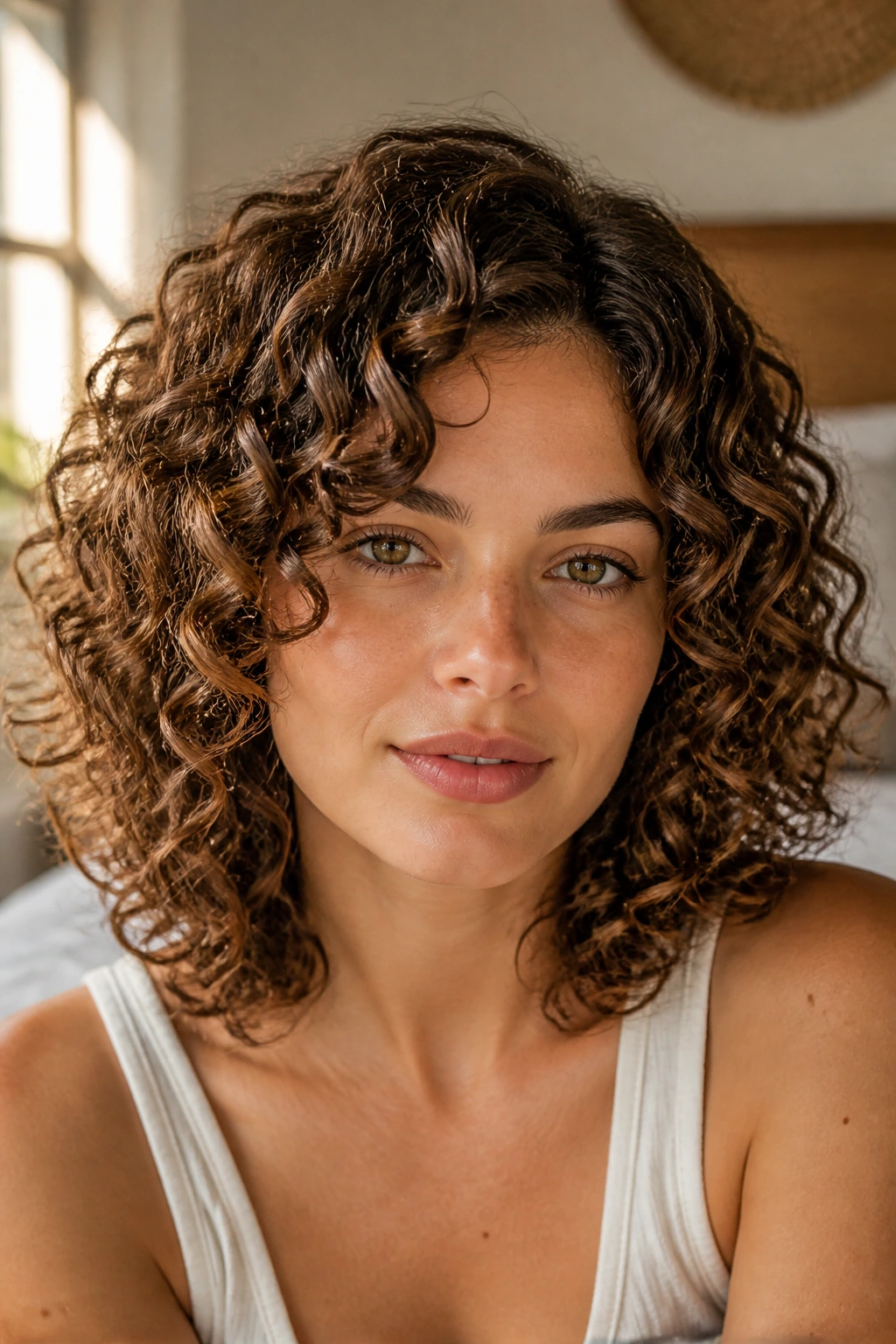 Close-up of a real woman with shoulder-length corkscrew curls framing her face in warm window light.