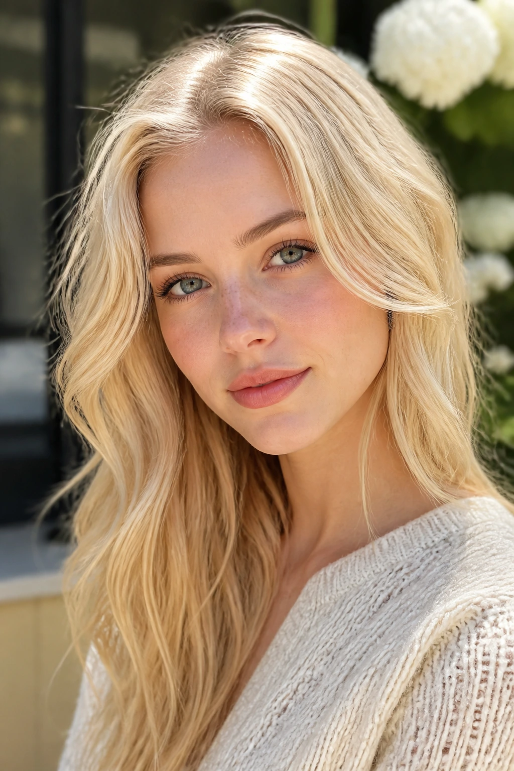 Close-up portrait of a real woman with pale corn-silk blonde hair in natural light