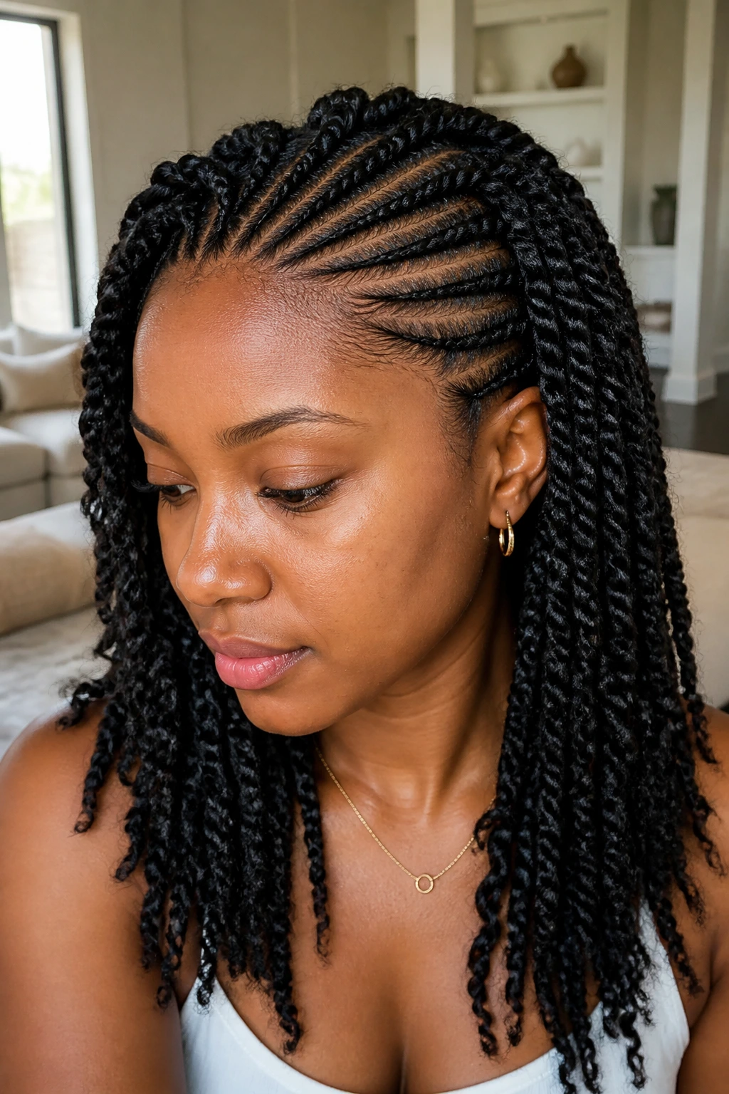 Close-up of a real woman with cornrow-base twists and hidden parts