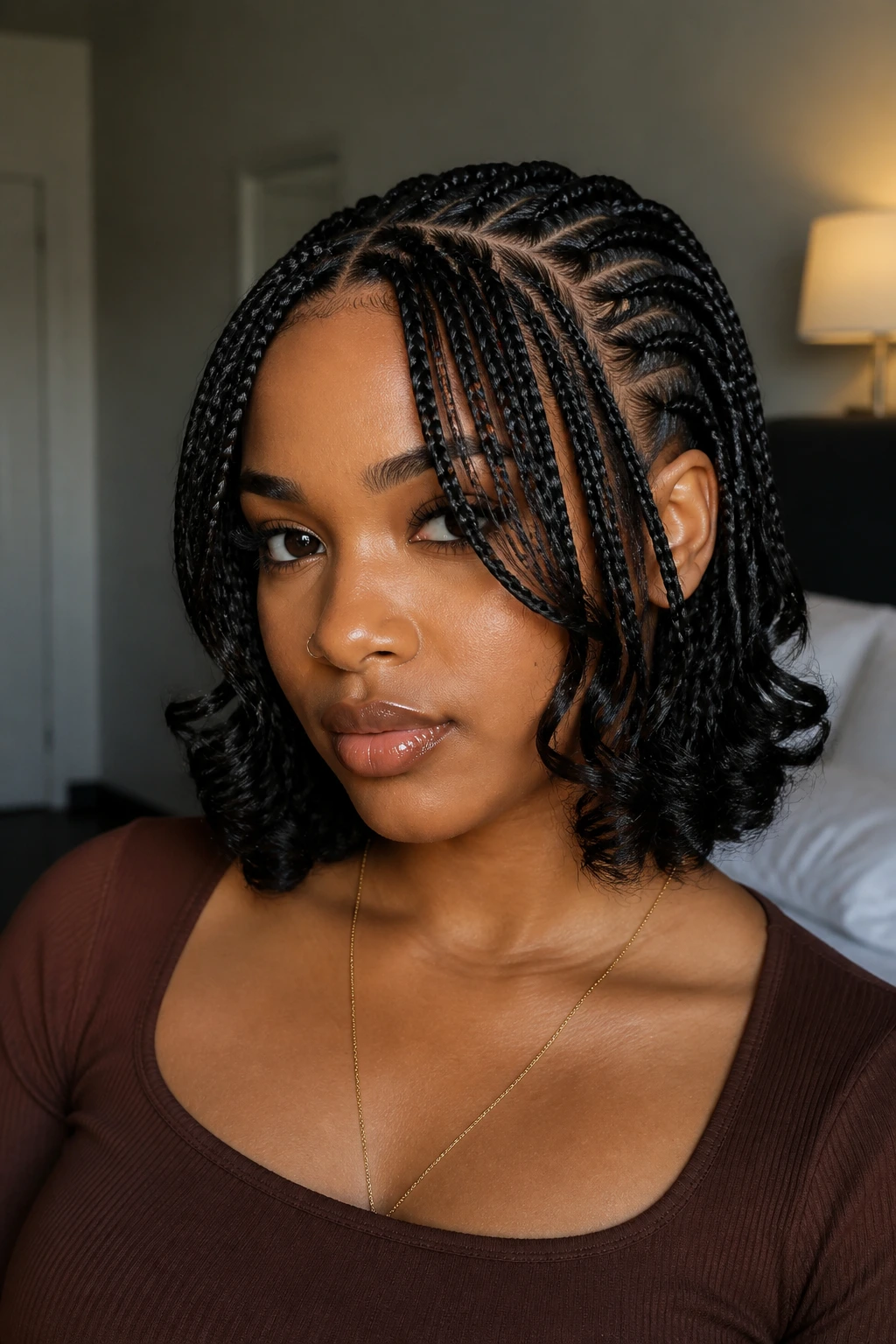 Close-up of a real woman with a cornrow bob featuring curled ends and curtain bangs