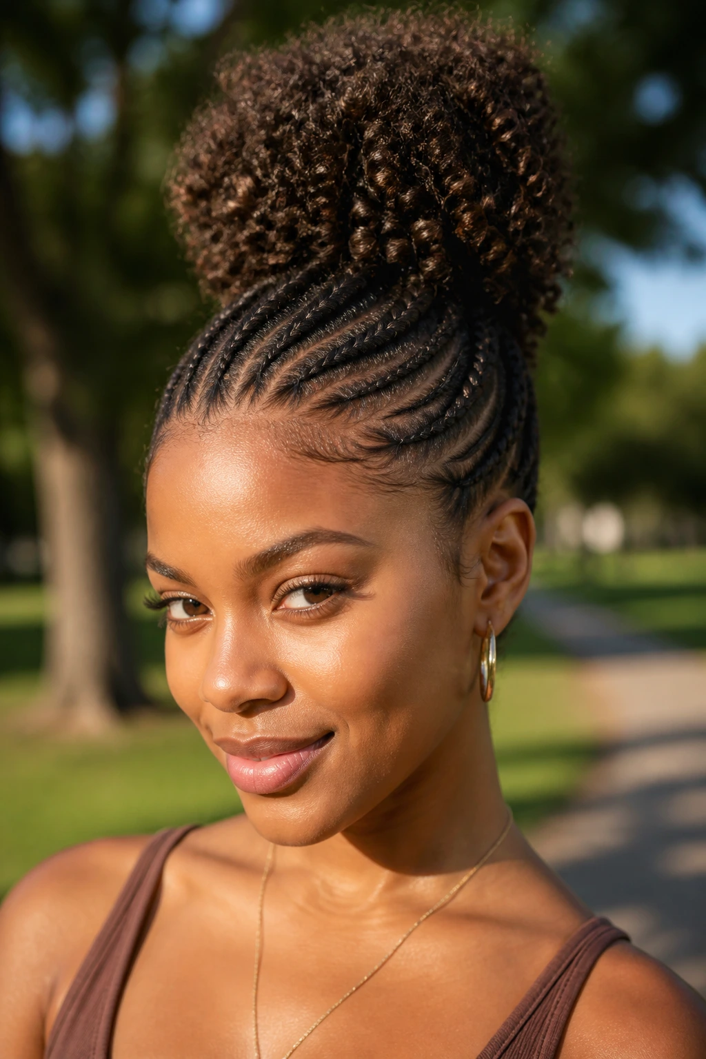 Close-up of a real woman with a cornrow crown and high puff