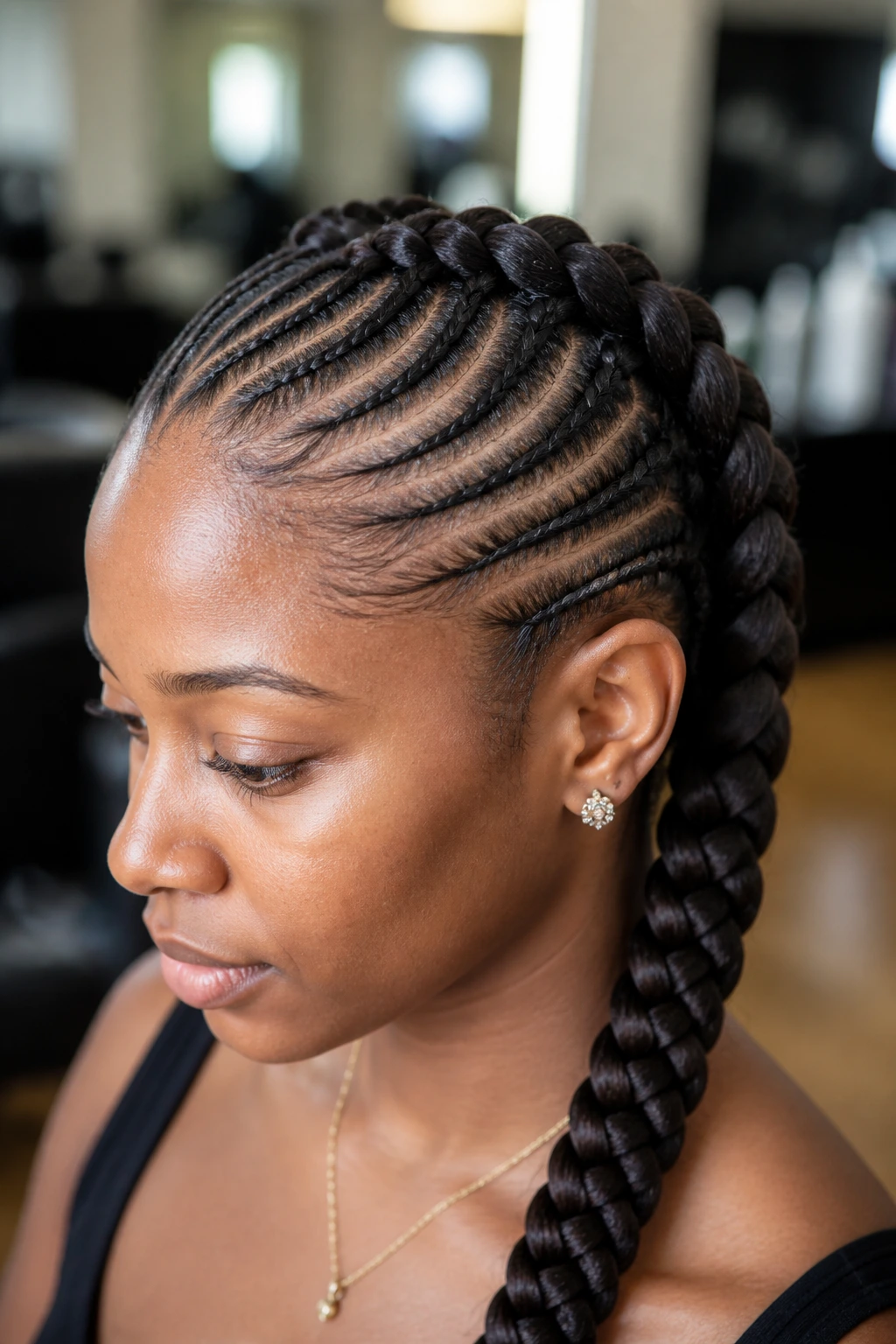 Portrait of real person with cornrow-to-dutch hybrid rows hairstyle