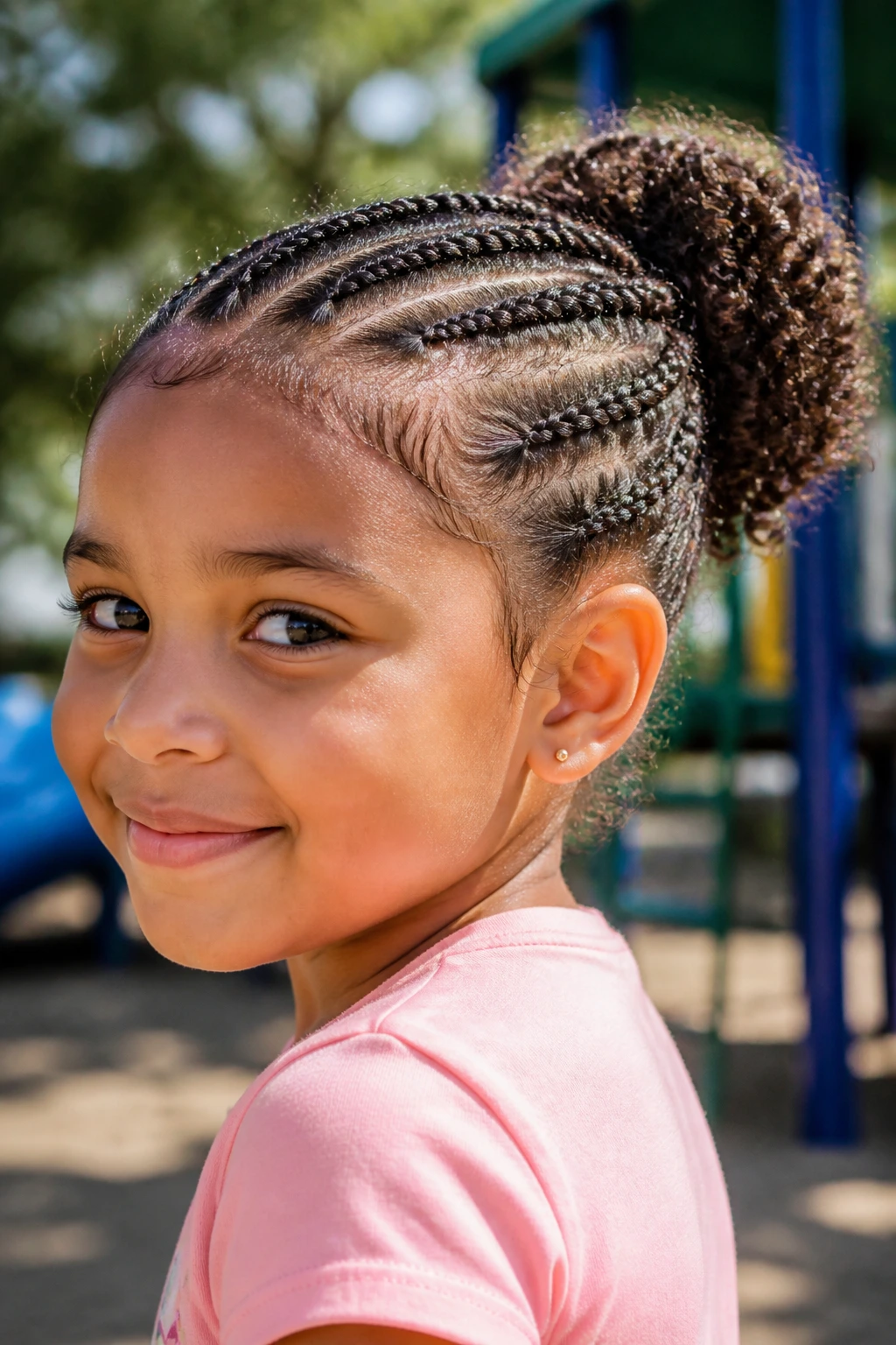 Close-up of a real child with front braids feeding into a puff bun on a sunny playground