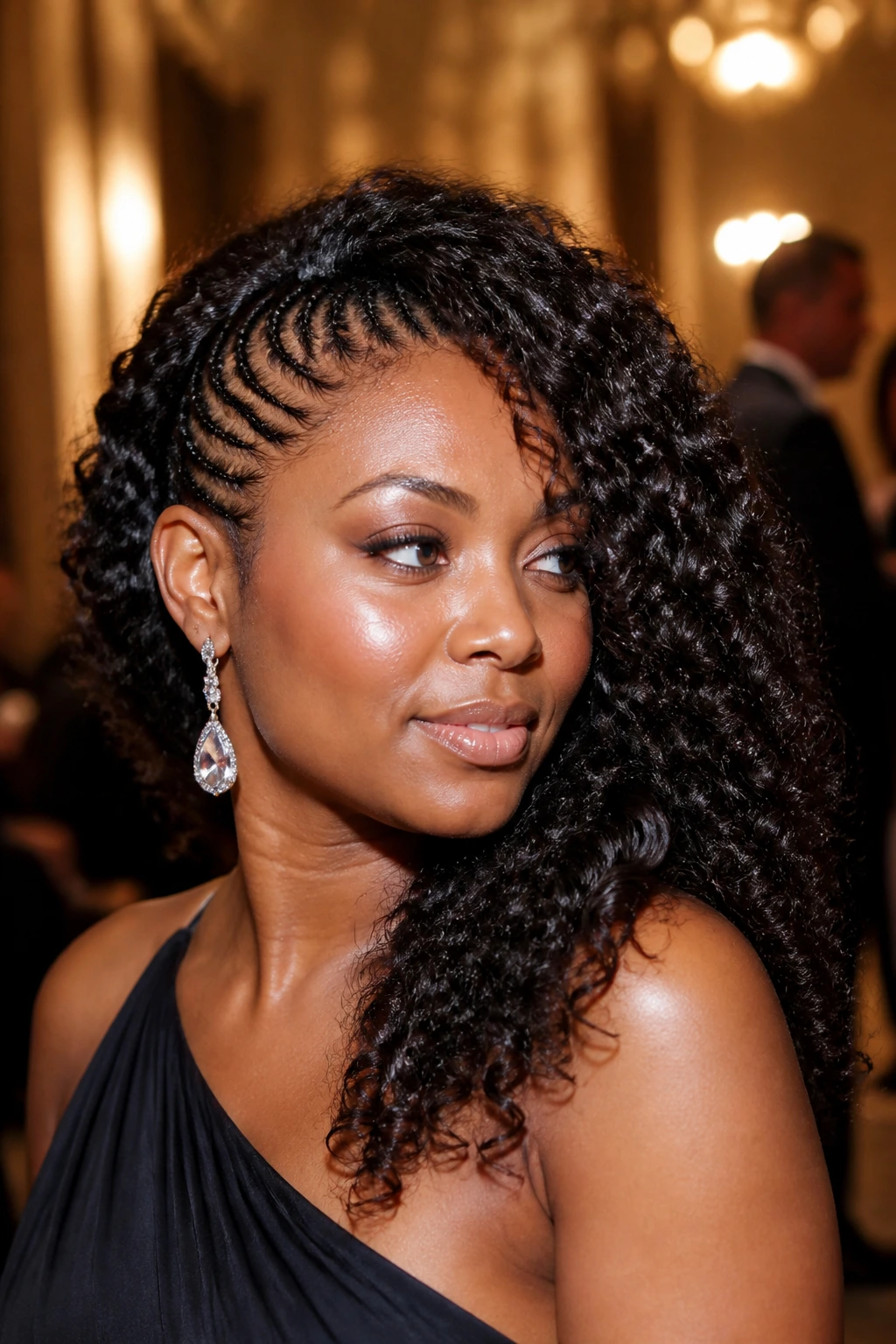 Close-up of a real woman with a cornrow halo and free curls on one side.
