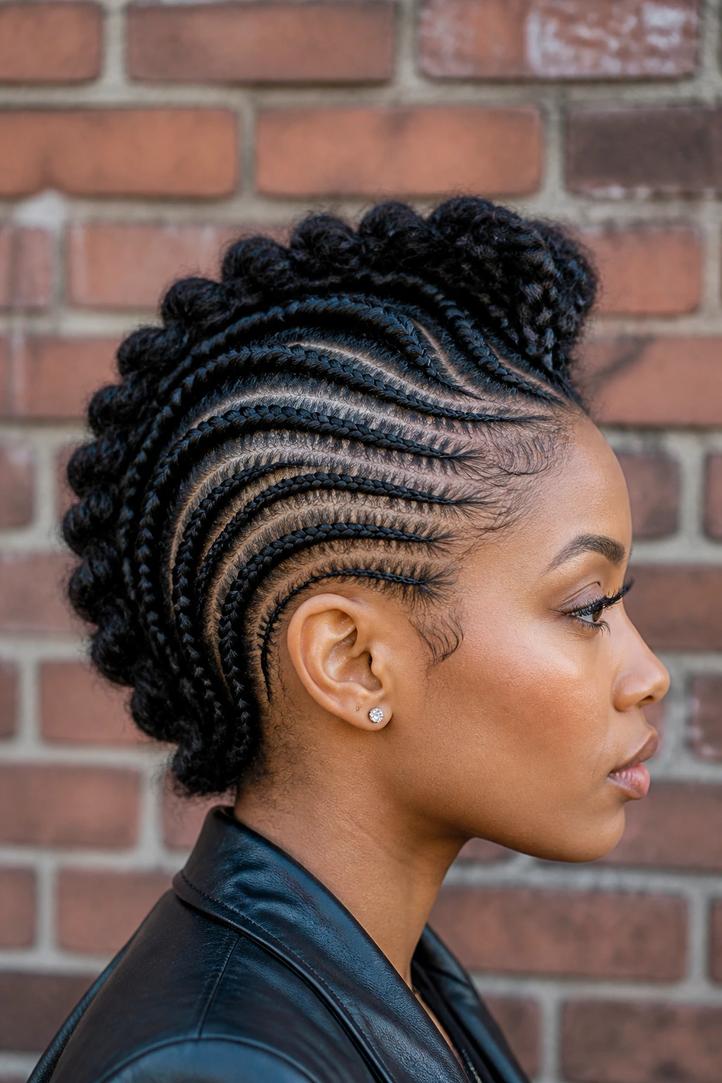 Cornrow mohawk on a real person with a tall center braid