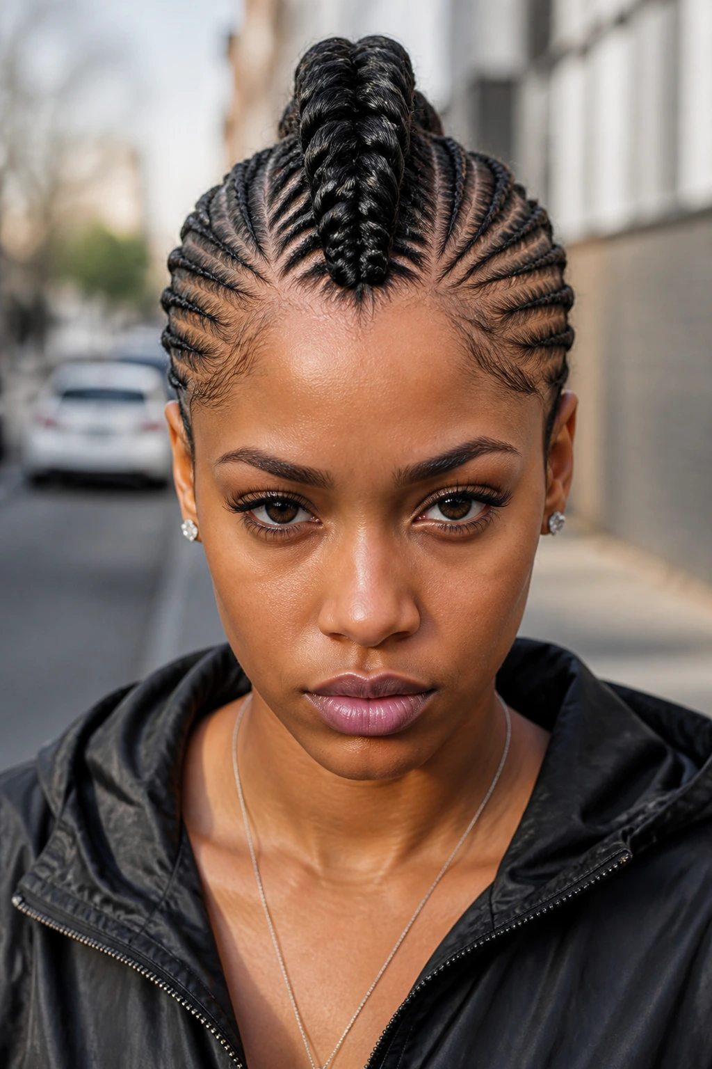 Front view of a real person with a bold cornrow mohawk braid