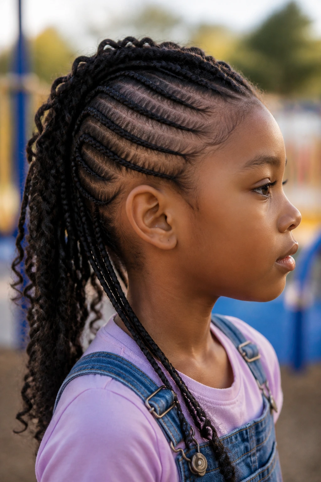 Child with a cornrow mohawk featuring loose braided length, outdoors in daylight.