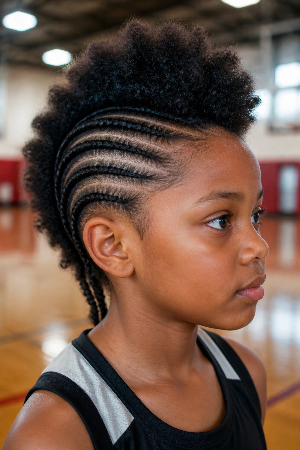 Close-up of a real child with a cornrow Mohawk leaving a full center