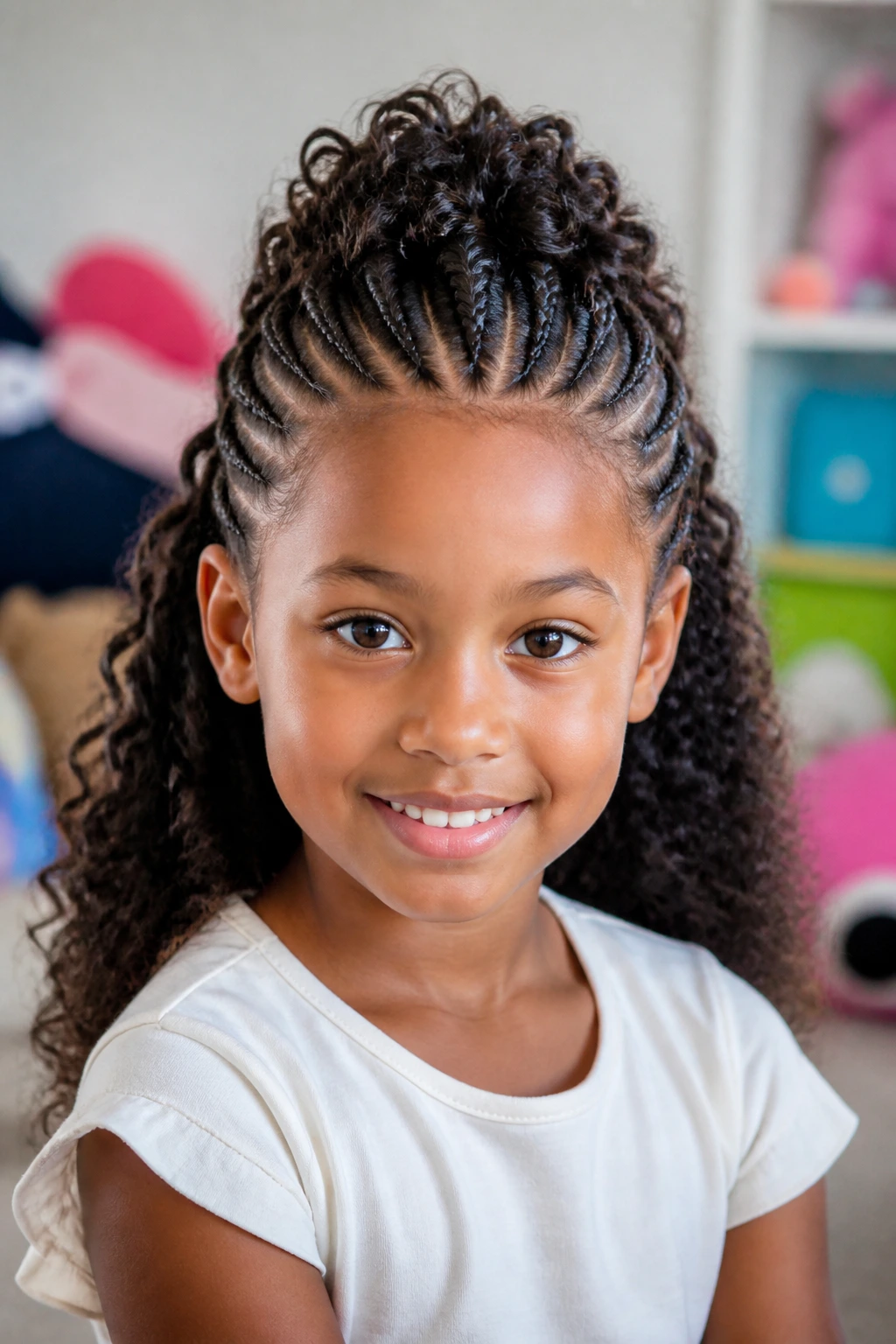 Close-up portrait of a real girl with a centered cornrow mohawk and loose back hair