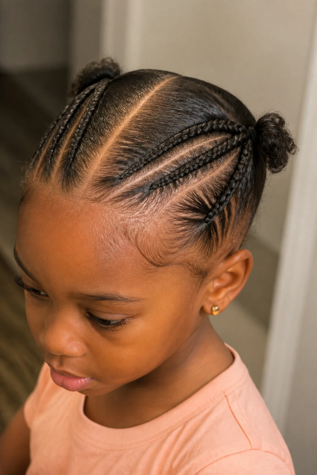Close-up of a child with two tiny cornrows along the scalp.