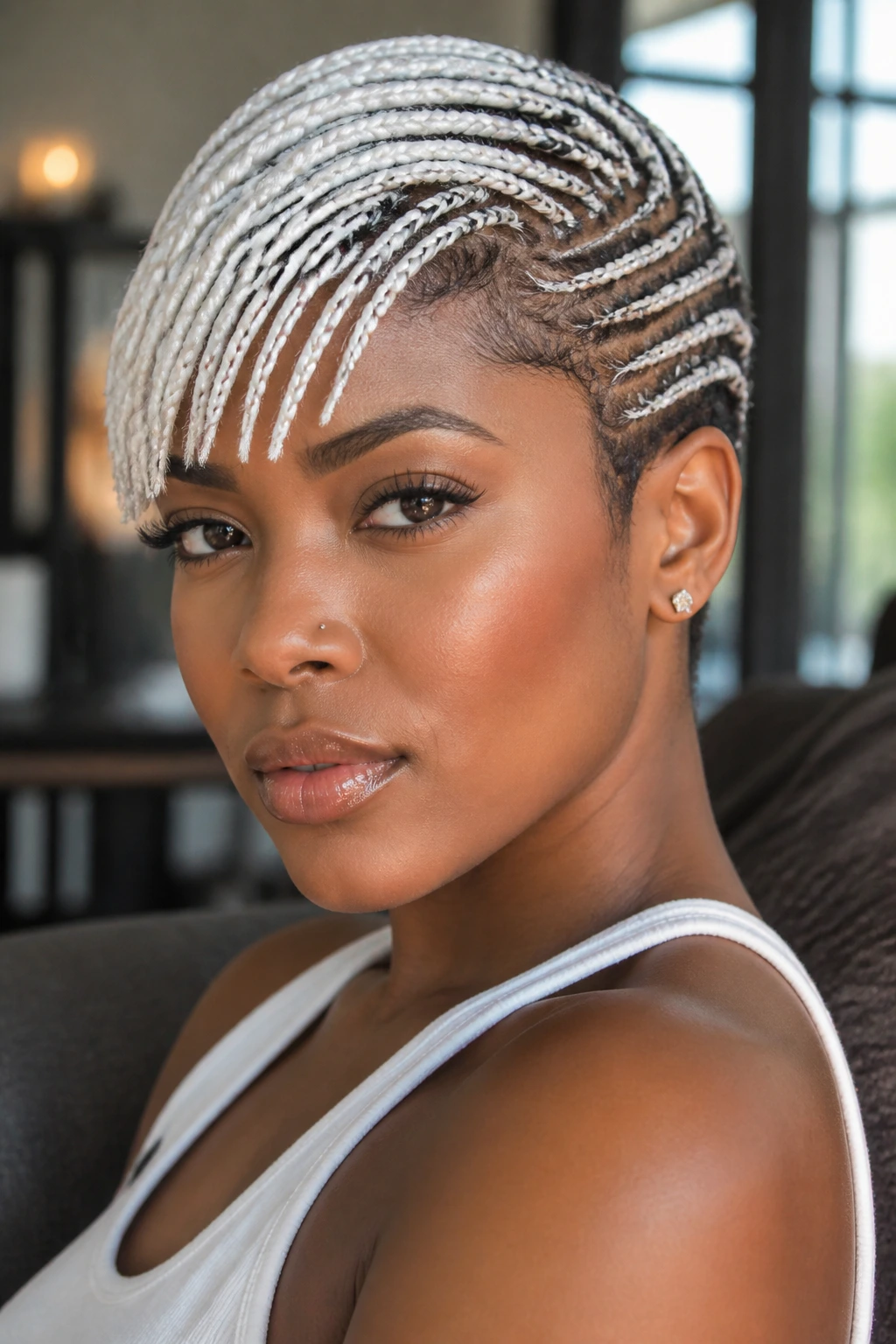 Close-up of a real person with pixie cut and small white plaits