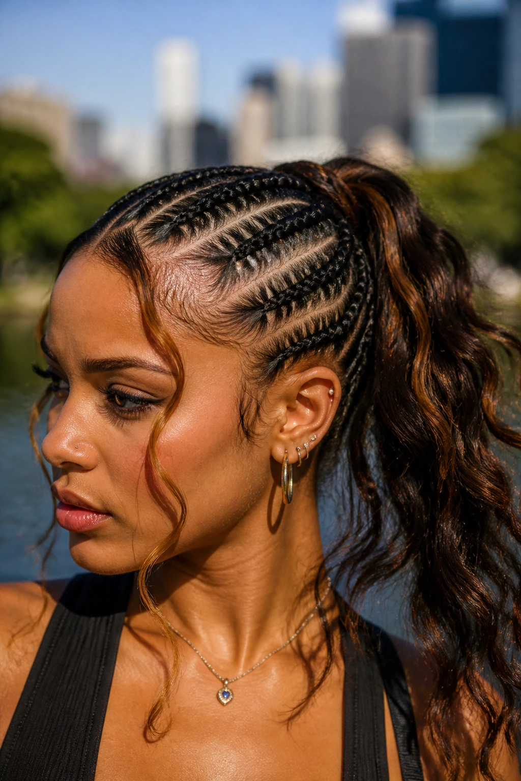 Real person with cornrow ponytail and caramel tendrils