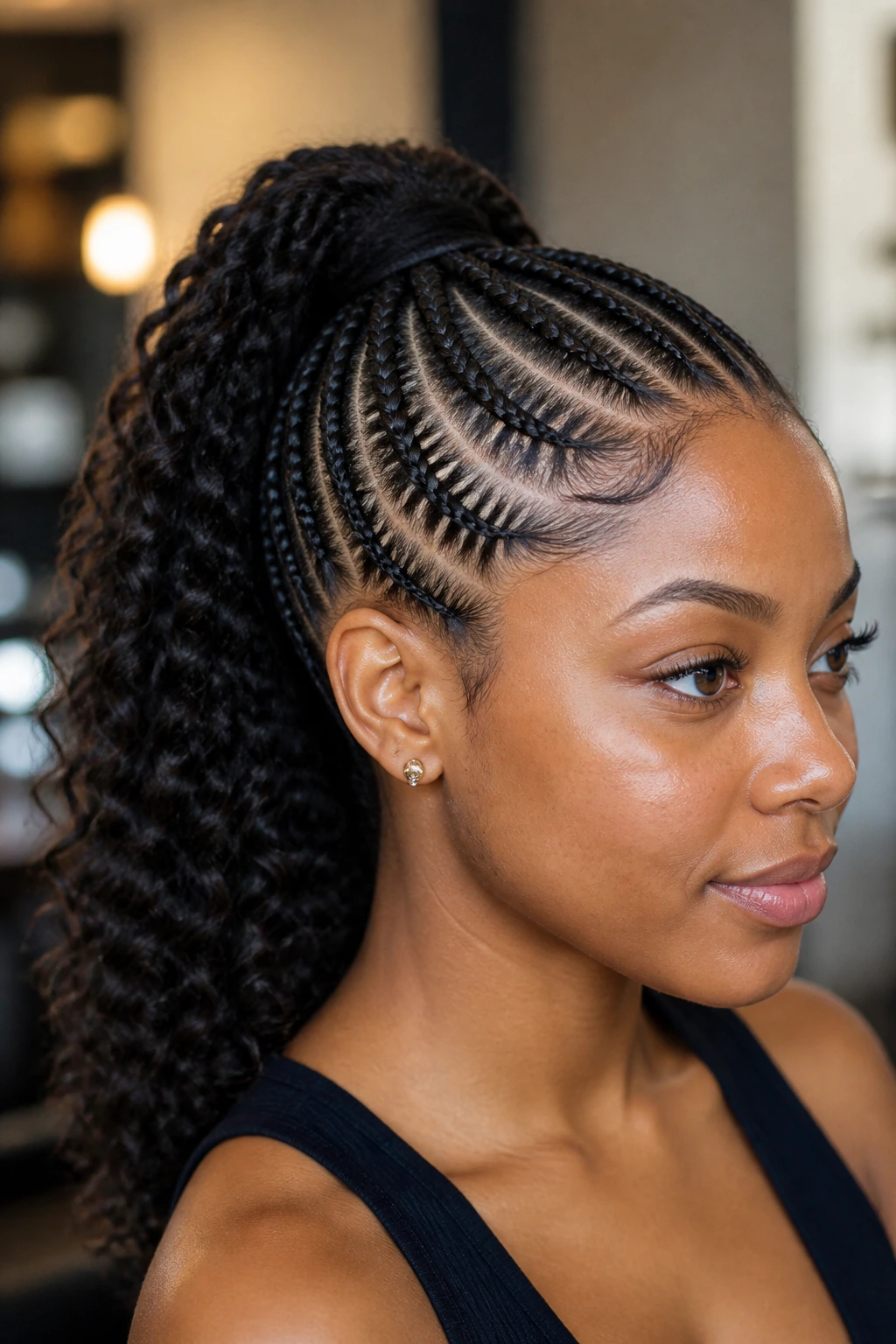 Real woman wearing cornrow ponytail with curly ends in warm indoor light